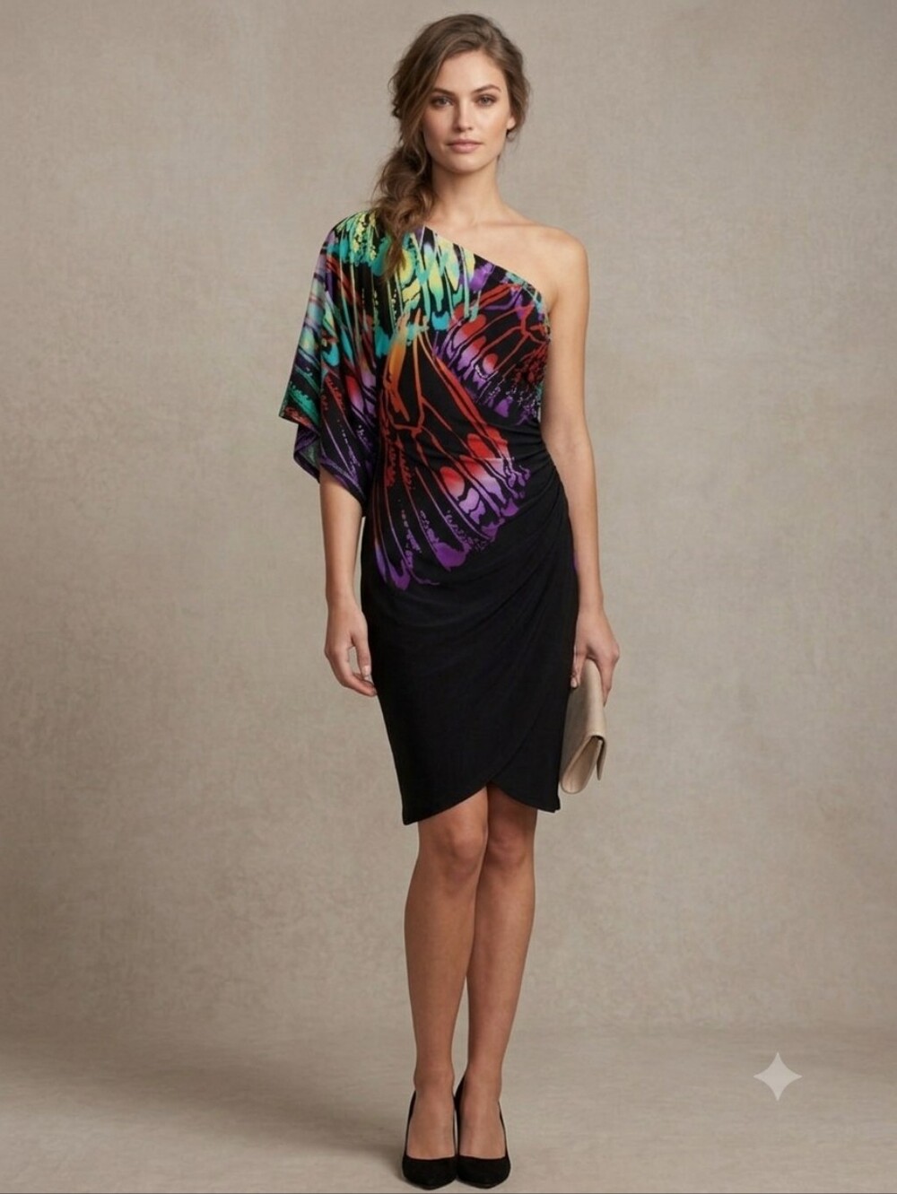 NEW Bisou Bisou Michele Bohbot Butterfly Wing One-Shoulder Draped Mini Dress 4